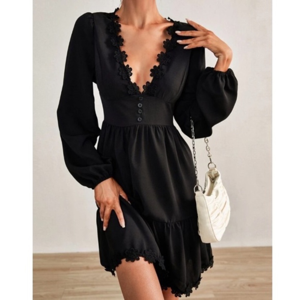 Black Plunging Neck Floral Lace Ruffle Mini Dress Party - Picture 1 of 6